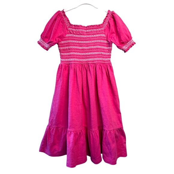 Mini Boden Other - MINI BODEN Shirred Dress Girls 7-8 Pink Smocked Cotton Puff Sleeves
